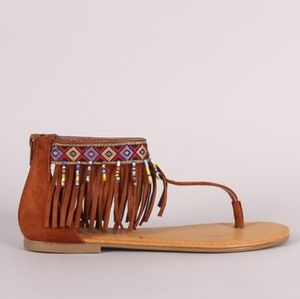 SARAH SIAH Chestnut Suede Embroidered Fringe Cuff T-Strap Flat Sandal